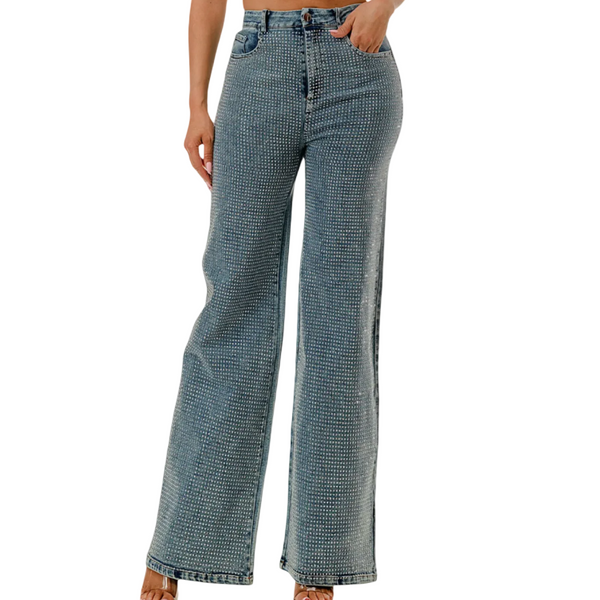 Wide leg stretchy pants with rhinestone