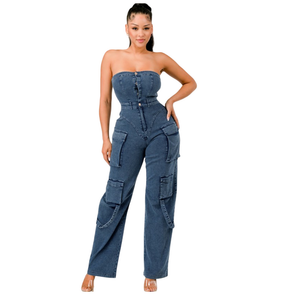 Stretchy cargo jumpsuit strapless