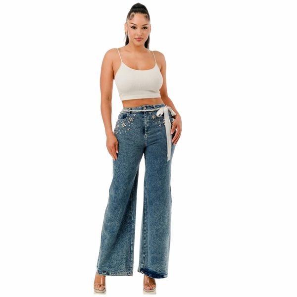 High stretch wide leg Pearl and rhinestone floral embellishment jeans