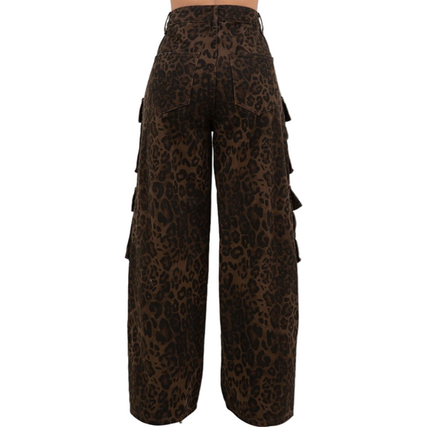 Leopard cargo straight leg pants