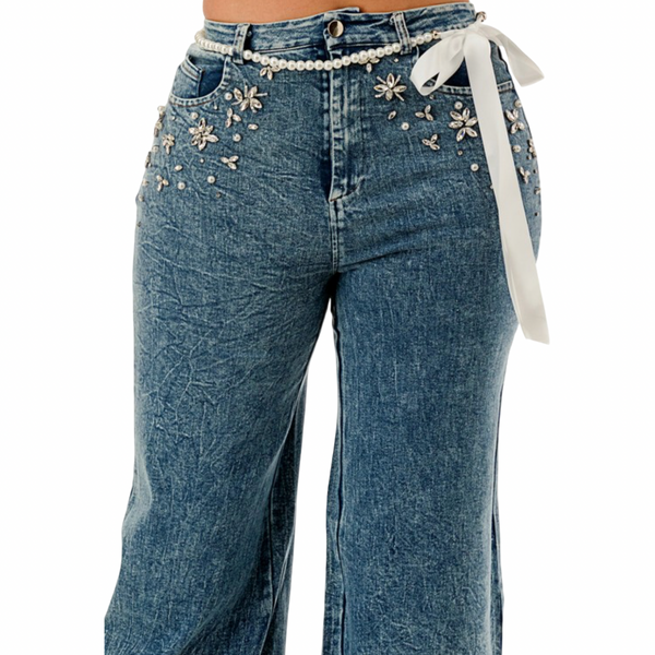 High stretch wide leg Pearl and rhinestone floral embellishment jeans