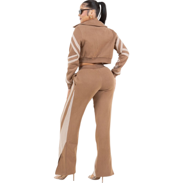 Stripe detail heavy brushed fleece sweatsuit(camel and taupe)