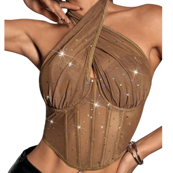 Crossed neck corset sparkly top