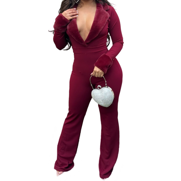 Collar and sleeves Fur jumpsuit
