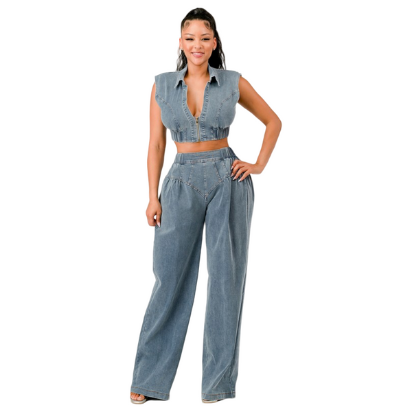 High stretch cropped top and baggy pants denim two piece sets