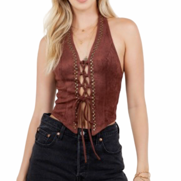 Halter front tie suede top with gold studs