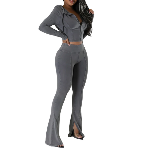 Acid Washed flare pants hoodie set