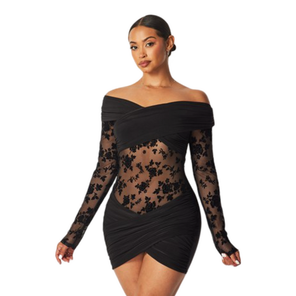 Off shoulder flower detail mesh dress