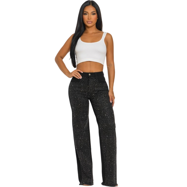 Front rhinestones black comfortable jeans