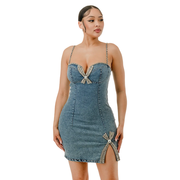 Strapless dress with rhinestones ribbons (runs slightly big)