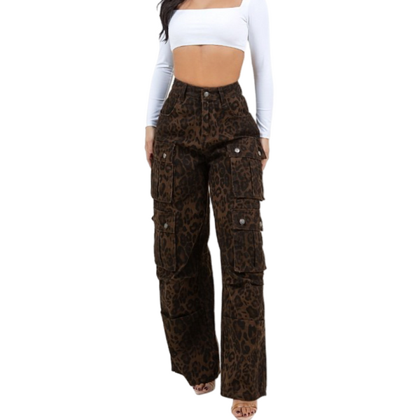 Leopard cargo straight leg pants