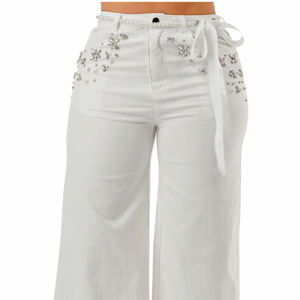 High stretch wide leg Pearl and rhinestone floral embellishment jeans