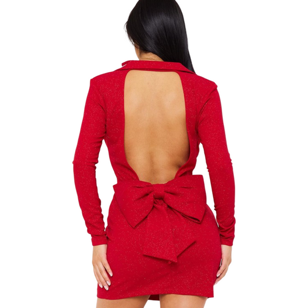 Big bow Long sleeve Glittery open back blazer dress