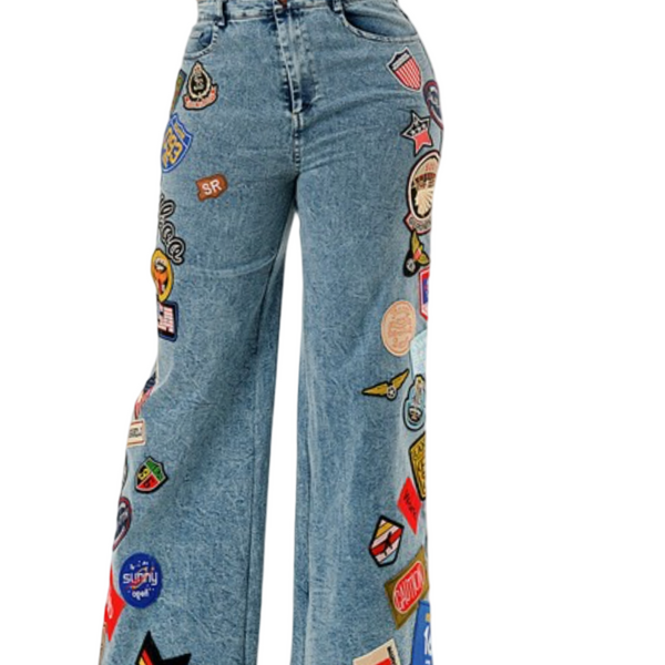 High Stretch patched denim wide leg pant