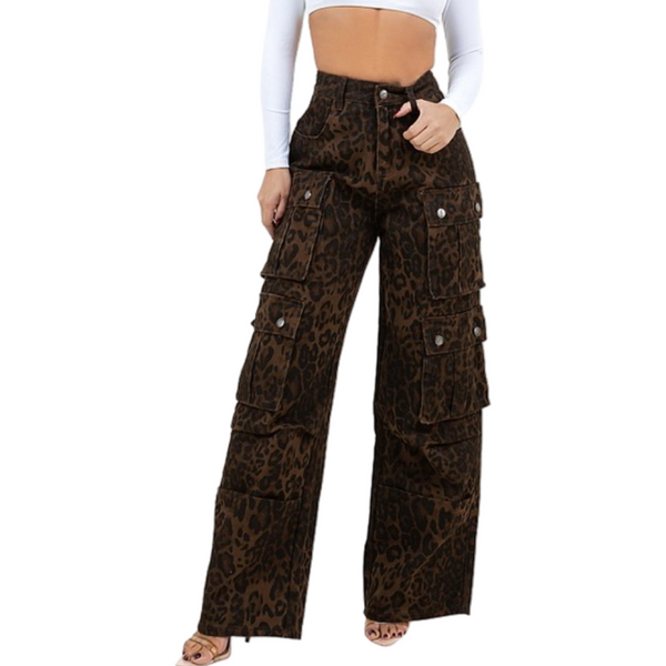 Leopard cargo straight leg pants