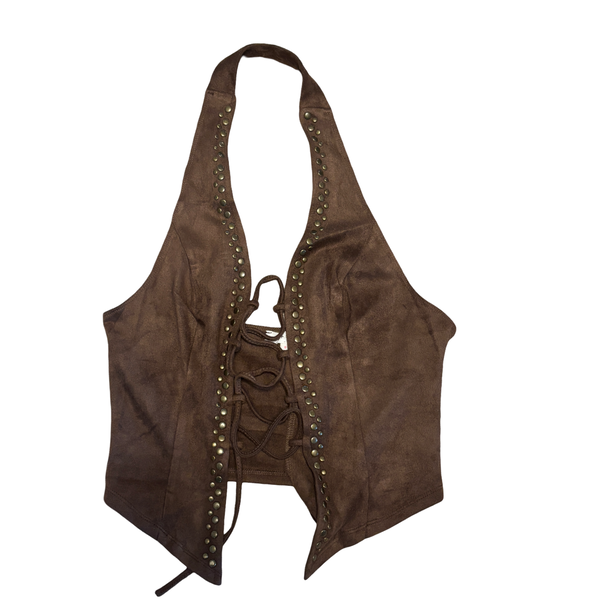 Halter front tie suede top with gold studs