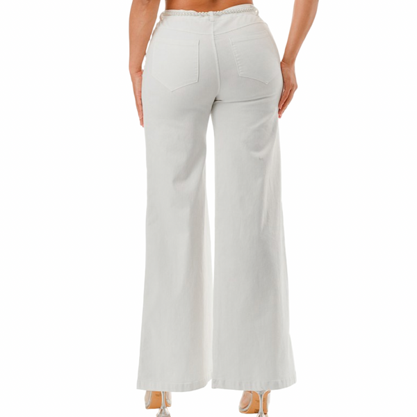 High stretch wide leg Pearl and rhinestone floral embellishment jeans