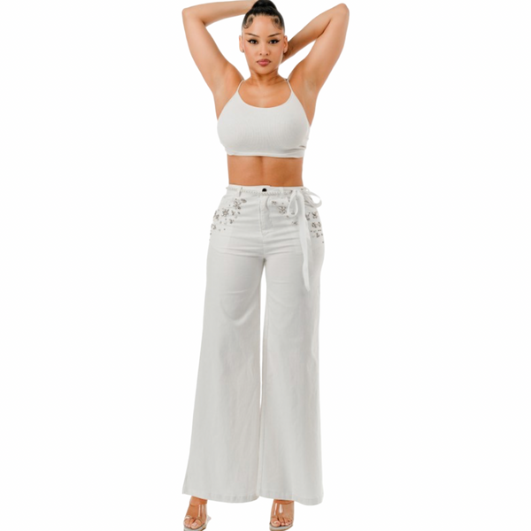 High stretch wide leg Pearl and rhinestone floral embellishment jeans