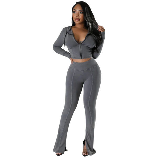 Acid Washed flare pants hoodie set
