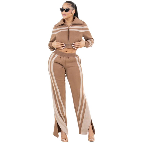 Stripe detail heavy brushed fleece sweatsuit(camel and taupe)