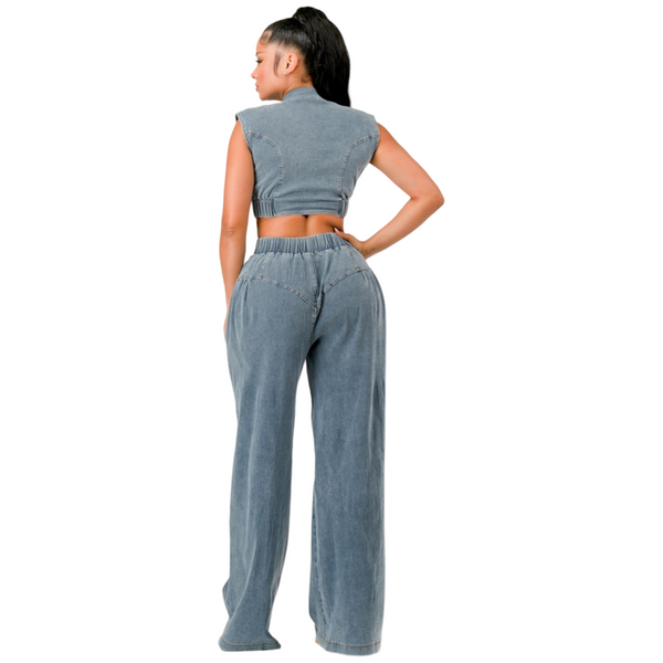 High stretch cropped top and baggy pants denim two piece sets