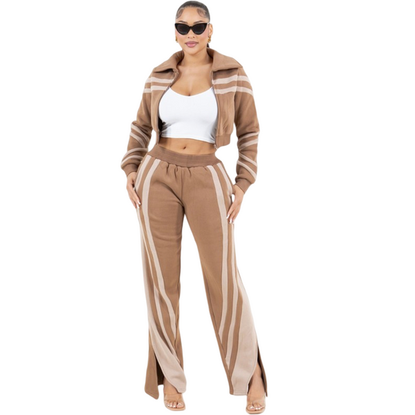 Stripe detail heavy brushed fleece sweatsuit(camel and taupe)
