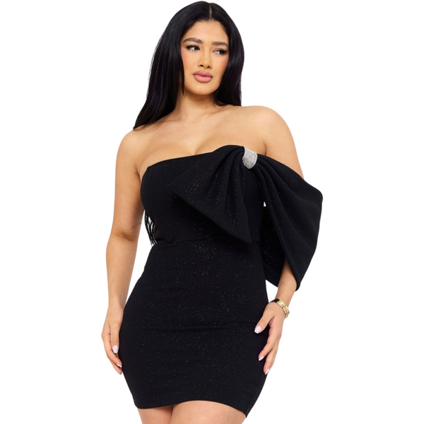 Glitter strapless side bow mini dress