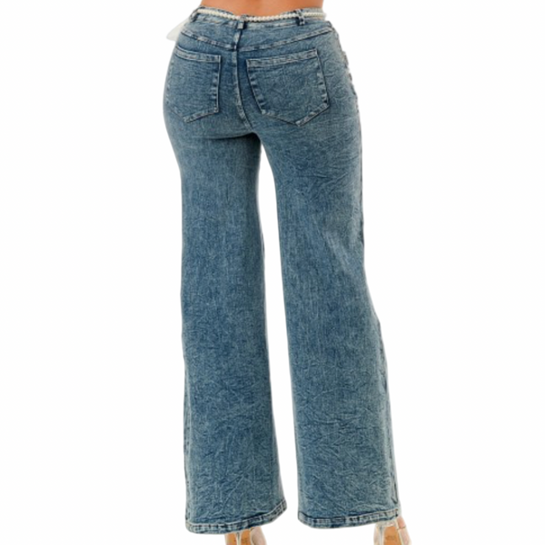 High stretch wide leg Pearl and rhinestone floral embellishment jeans