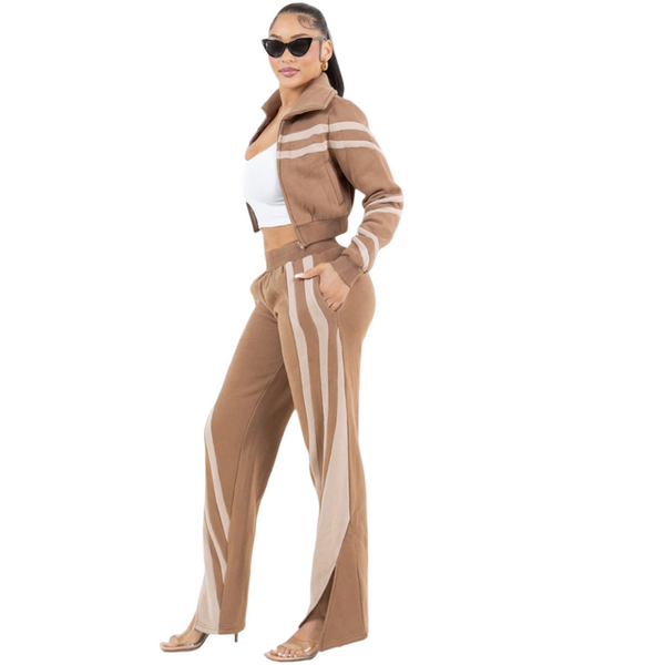 Stripe detail heavy brushed fleece sweatsuit(camel and taupe)