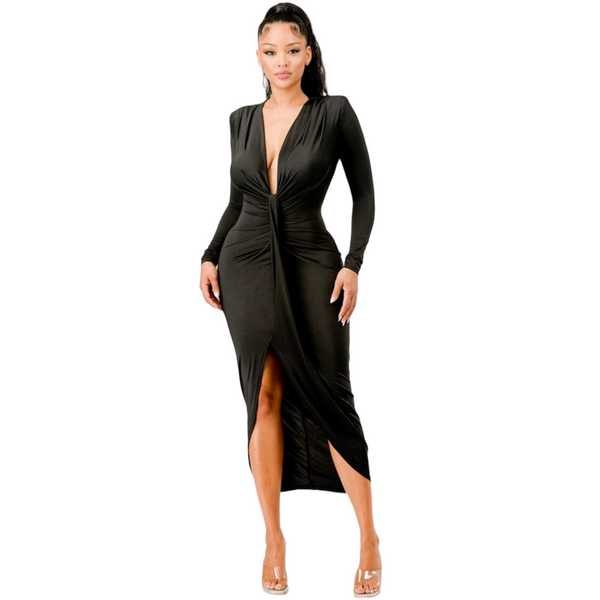 V neck long sleeve mid dress