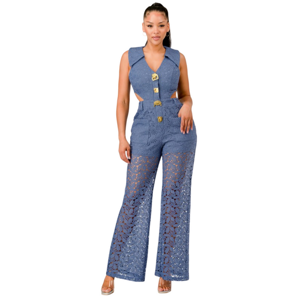 Lace jumpsuit cut out waist