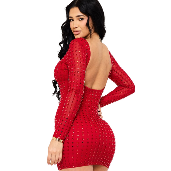Gorgeous Long sleeve mini dress with square rhinestones
