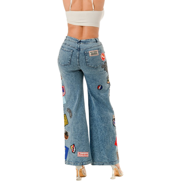 High Stretch patched denim wide leg pant