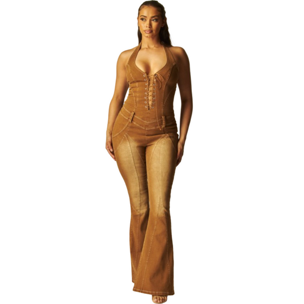 Halter hot girl denim jumpsuit