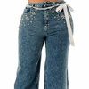 High stretch wide leg Pearl and rhinestone floral embellishment jeans