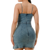 Stretchy Rhinestone ribbon denim dress