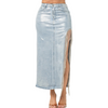 Metallic foil denim skirt with side slit