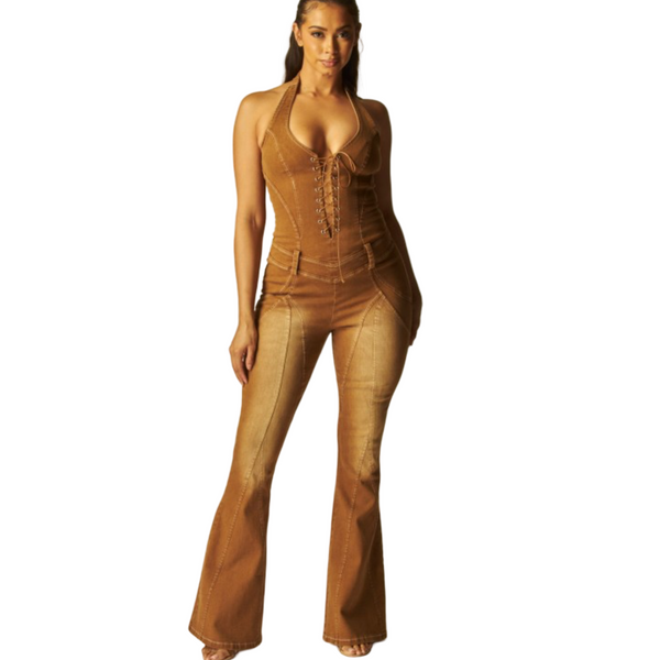 Halter hot girl denim jumpsuit