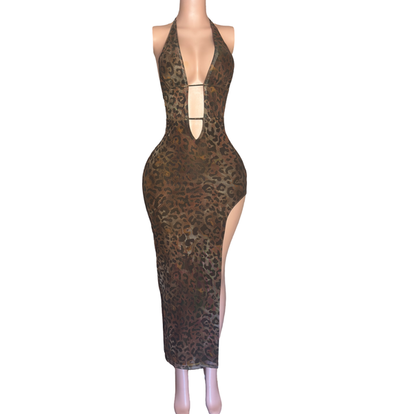 Mesh Backless Halter leopard maxi dresses