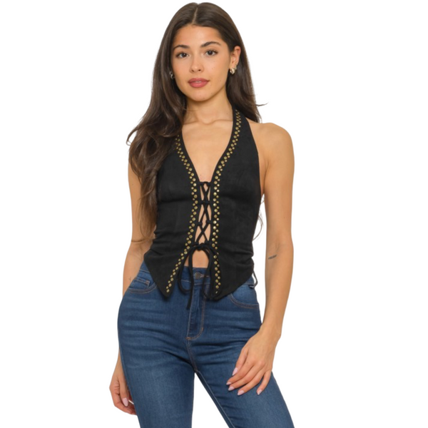 Halter front tie suede top with gold studs